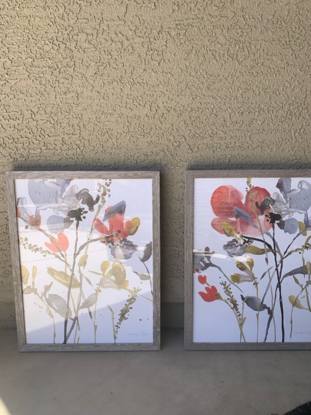 Set of Two Signed Floral Watercolor Wall Art Paintings- Coral, Gray, Sage